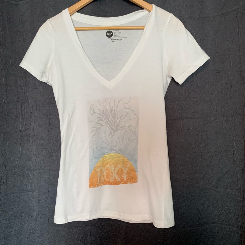 Roxy White V-Neck Graphic T-Shirt - Size S